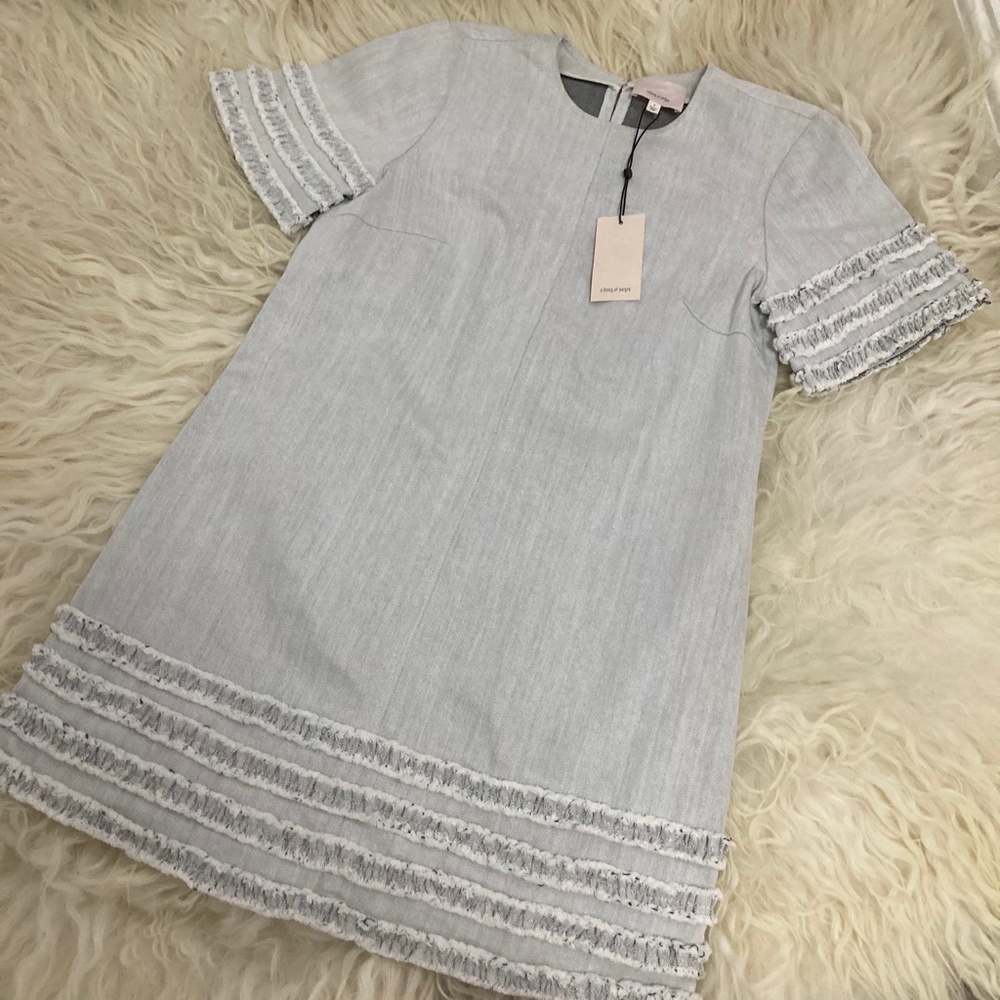 CINQ A SEPT Ashton Crewneck Short-Sleeve Cotton Shift Dress w/ Frayed Trim - Picture 3 of 12